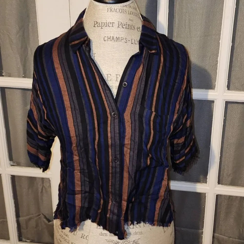 Cloth & Stone Womens Striped Fray Hem Button Front Short Sleeve Blouse XS